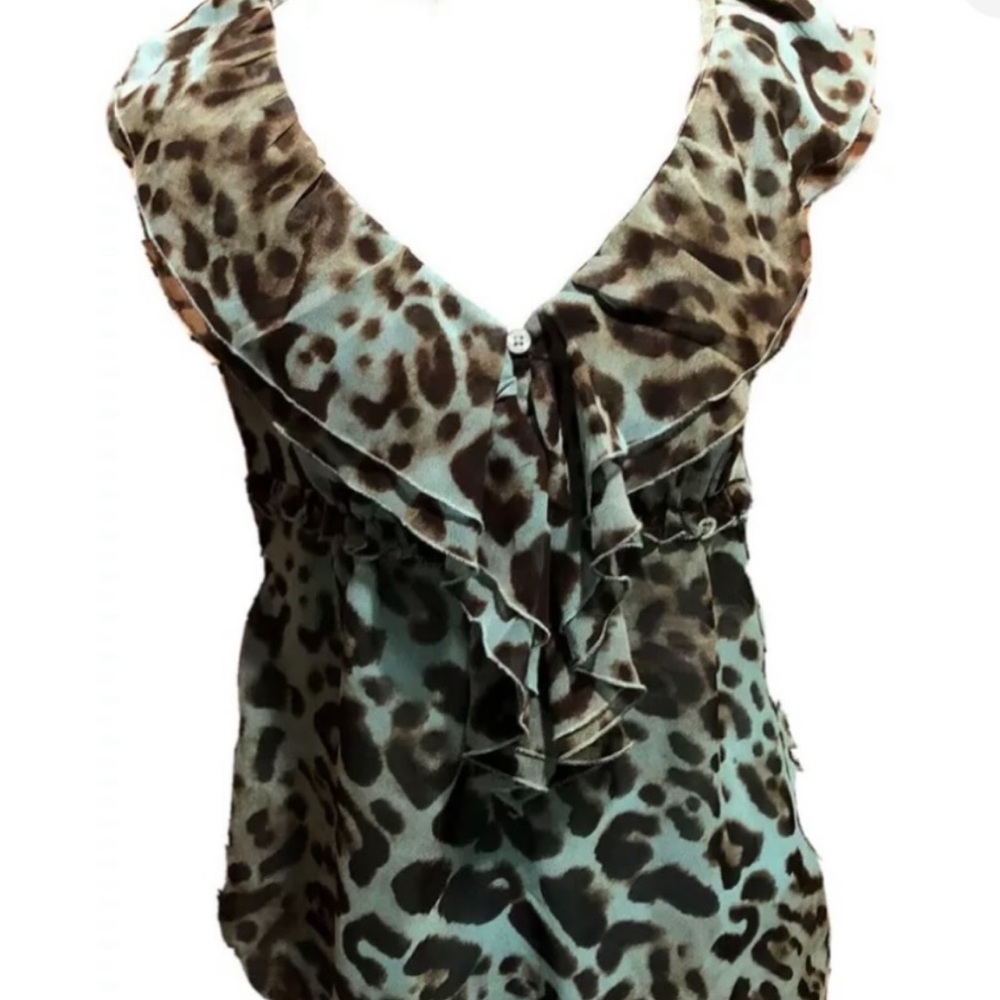 Boston Proper Aqua and Brown Leopard Print Ruffle V-Neck Top